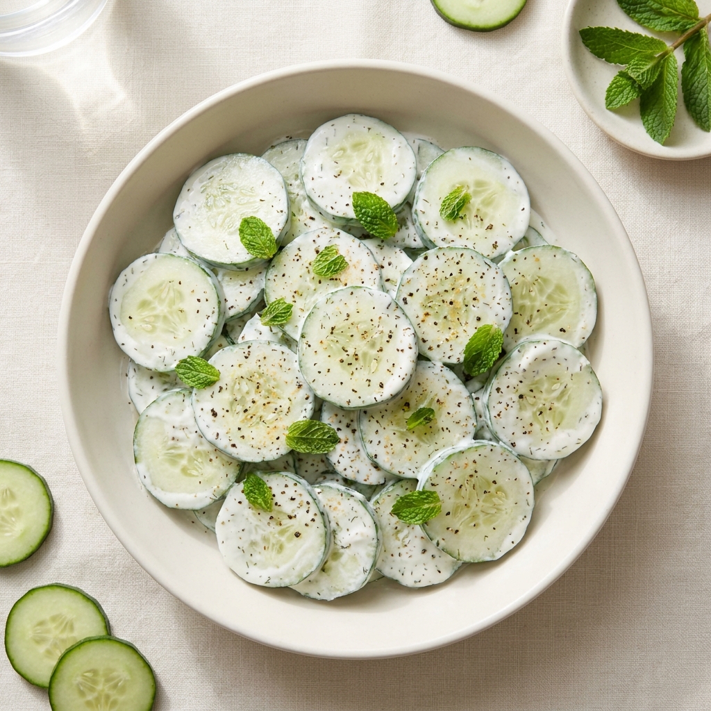 Cucumber Salad with High Protein Greek Yogurt Dressing, prepared as a finished Lila recipe