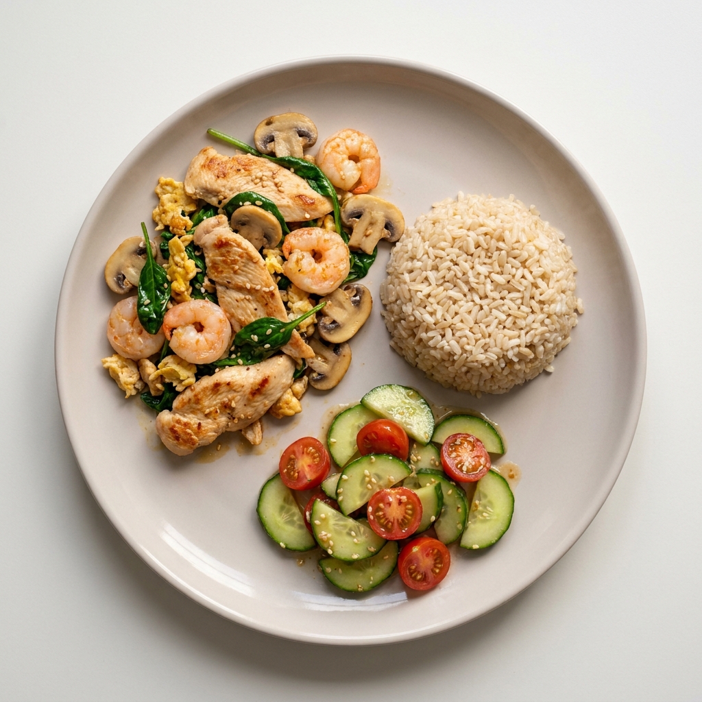 Sesame Chicken and Prawn Stir Fry with Cucumber Salad, prepared as a finished Lila recipe