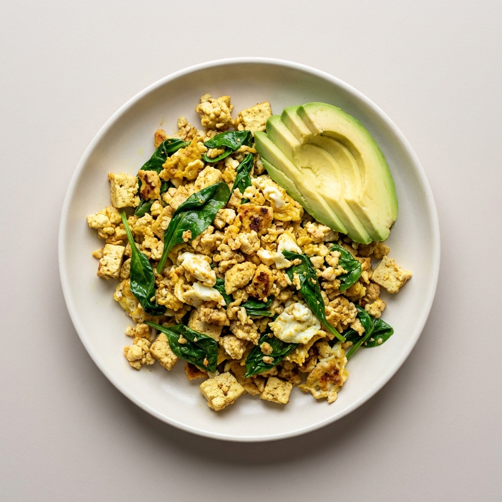 Savory Tofu and Veggie Egg Scramble, prepared as a finished Lila recipe