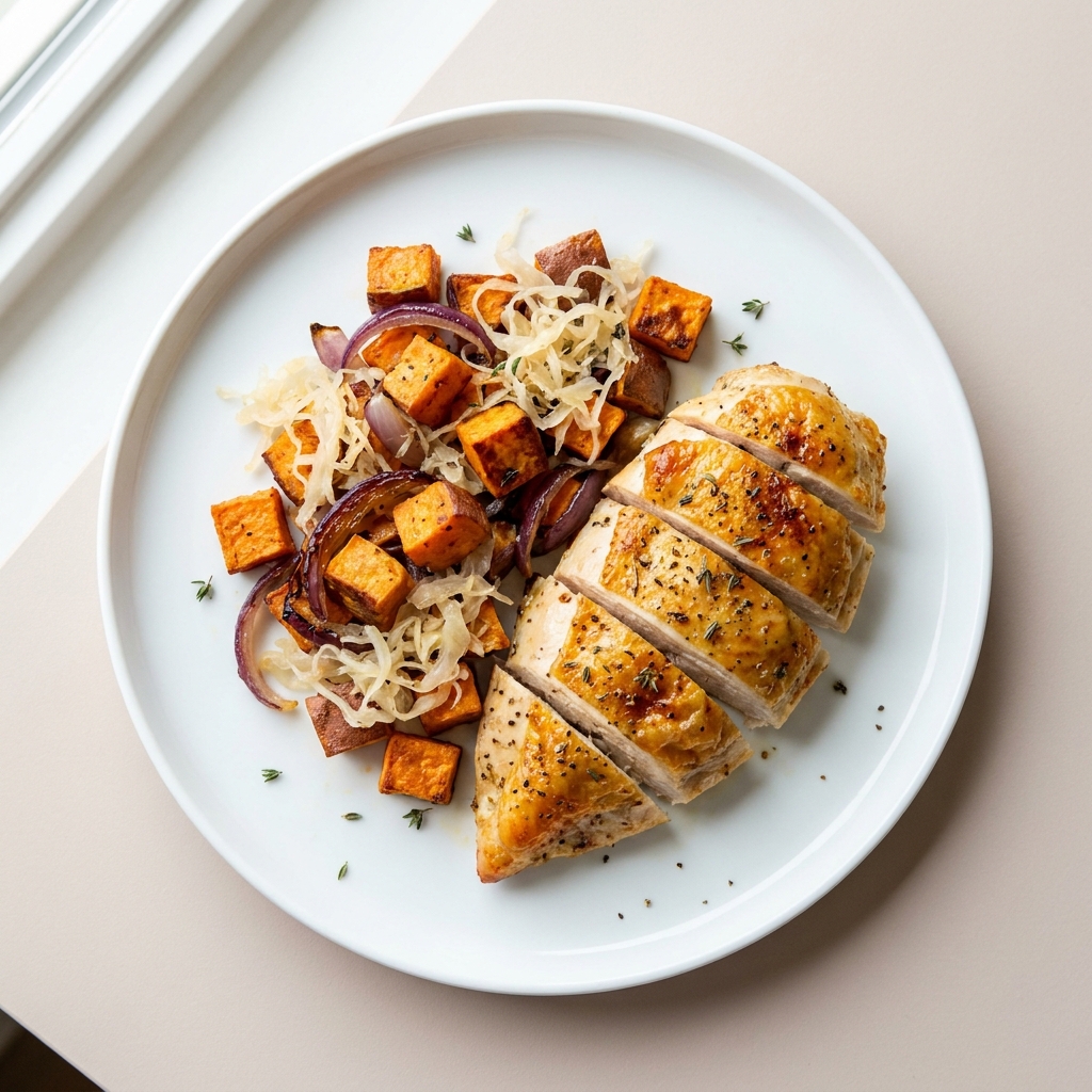 Crispy Roast Chicken Breast with Warm Sweet Potato Salad, prepared as a finished Lila recipe
