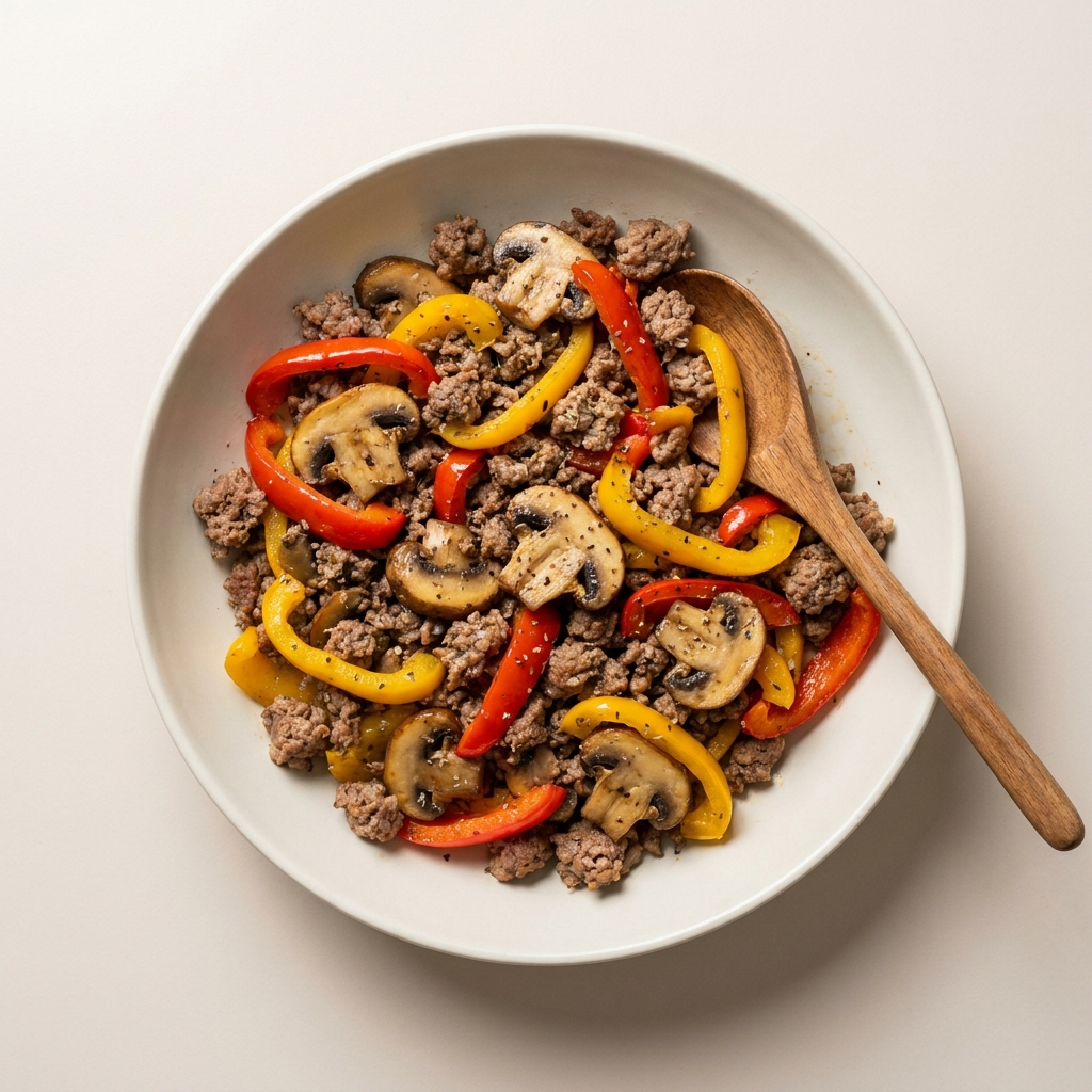 Beef Mushroom and Sweet Pepper Skillet, prepared as a finished Lila recipe