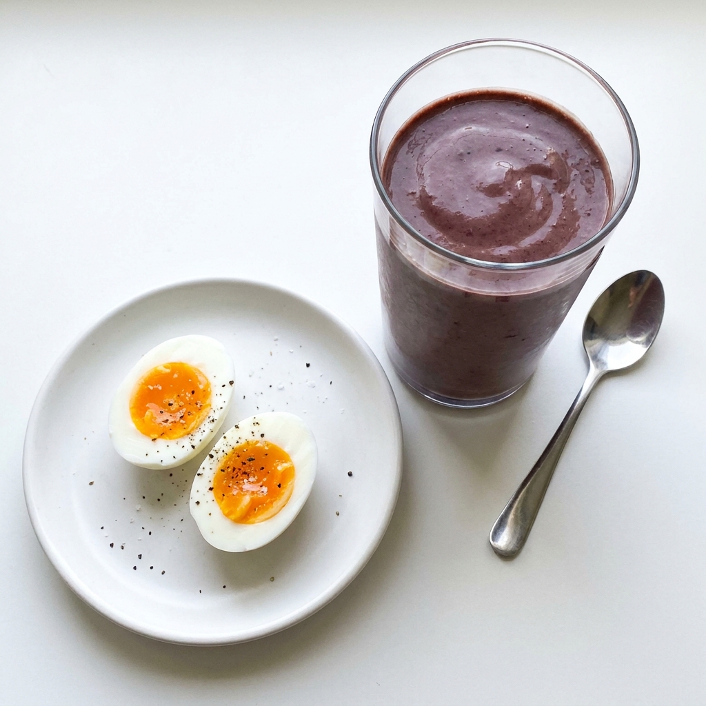 Chocolate Berry Protein Smoothie with Soft-Boiled Eggs, prepared as a finished Lila recipe