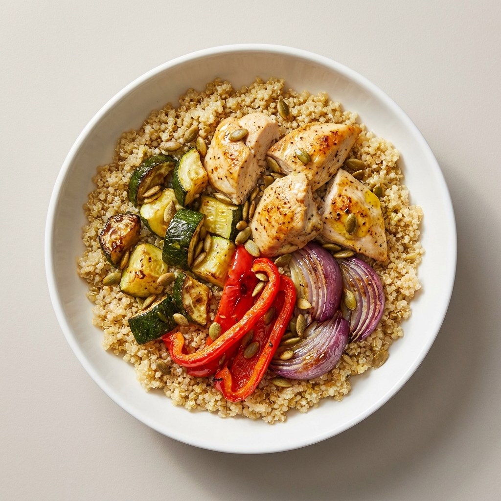Warm Sheet-Pan Chicken and Roasted Vegetable Bowl, prepared as a finished Lila recipe