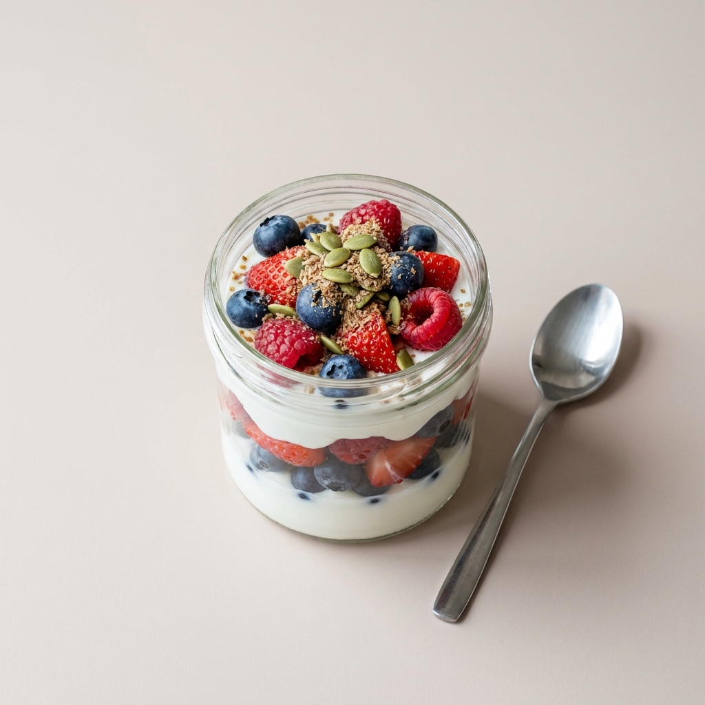 Protein Packed Greek Yogurt Berry Parfait, prepared as a finished Lila recipe
