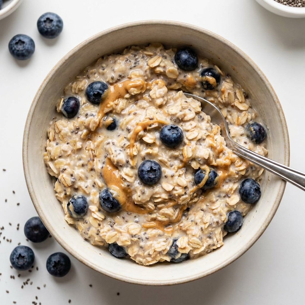 Simple Berry and Peanut Butter Overnight Oats, prepared as a finished Lila recipe