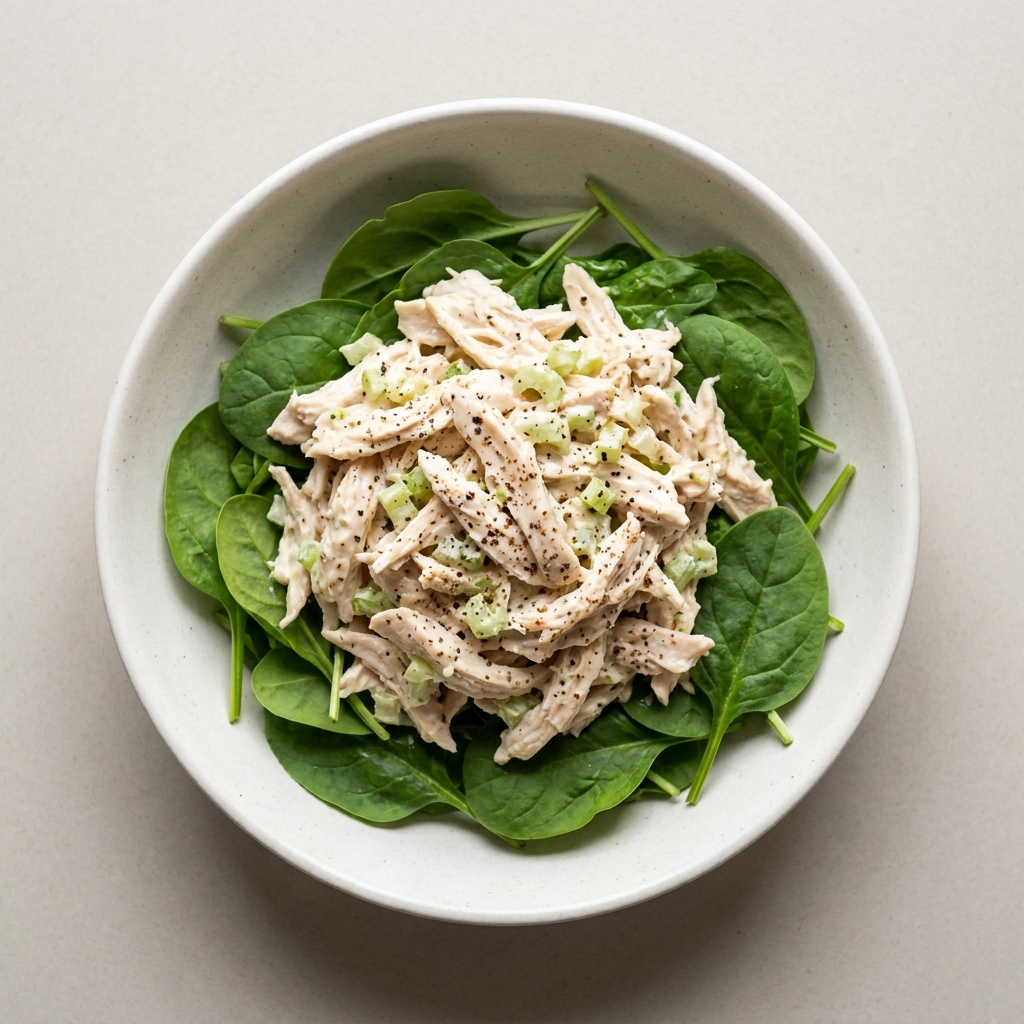 Simple Everyday Chicken Salad Over Spinach, prepared as a finished Lila recipe