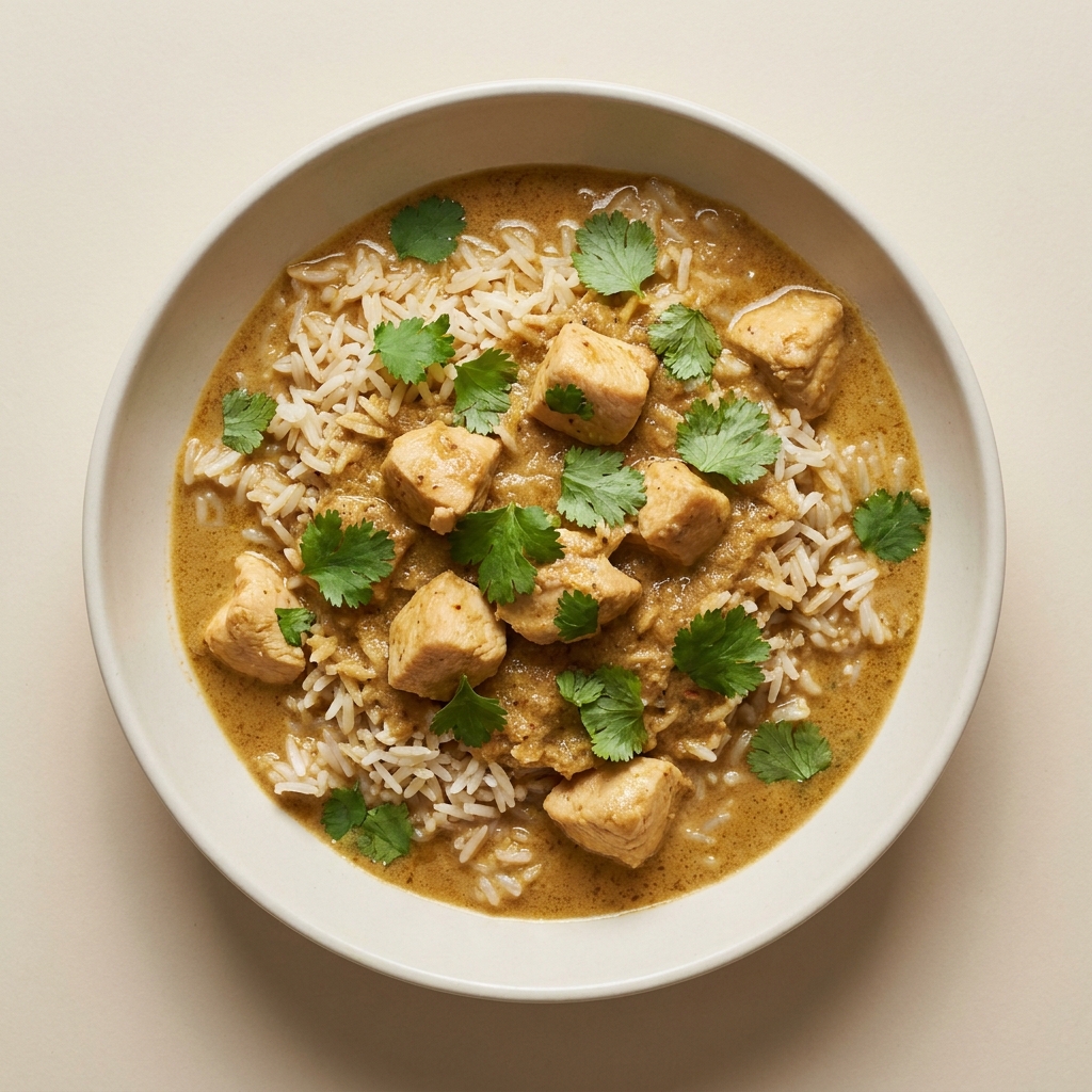 One-Pot Mild Chicken Korma and Rice, prepared as a finished Lila recipe