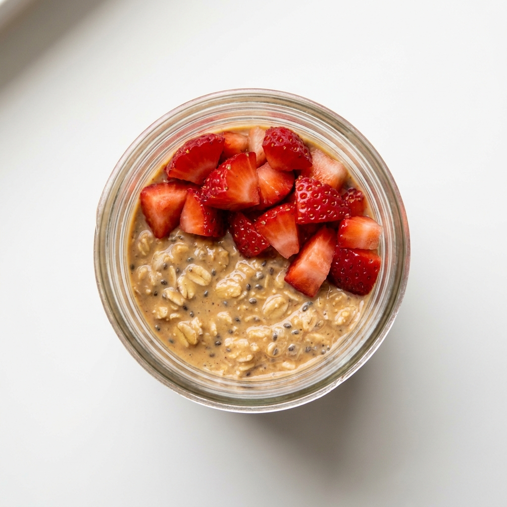 Peanut Butter Strawberry Overnight Oats, prepared as a finished Lila recipe