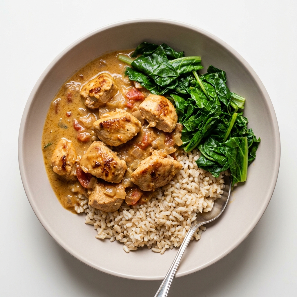 Malawian Peanut Chicken Stew with Mustard Greens, prepared as a finished Lila recipe