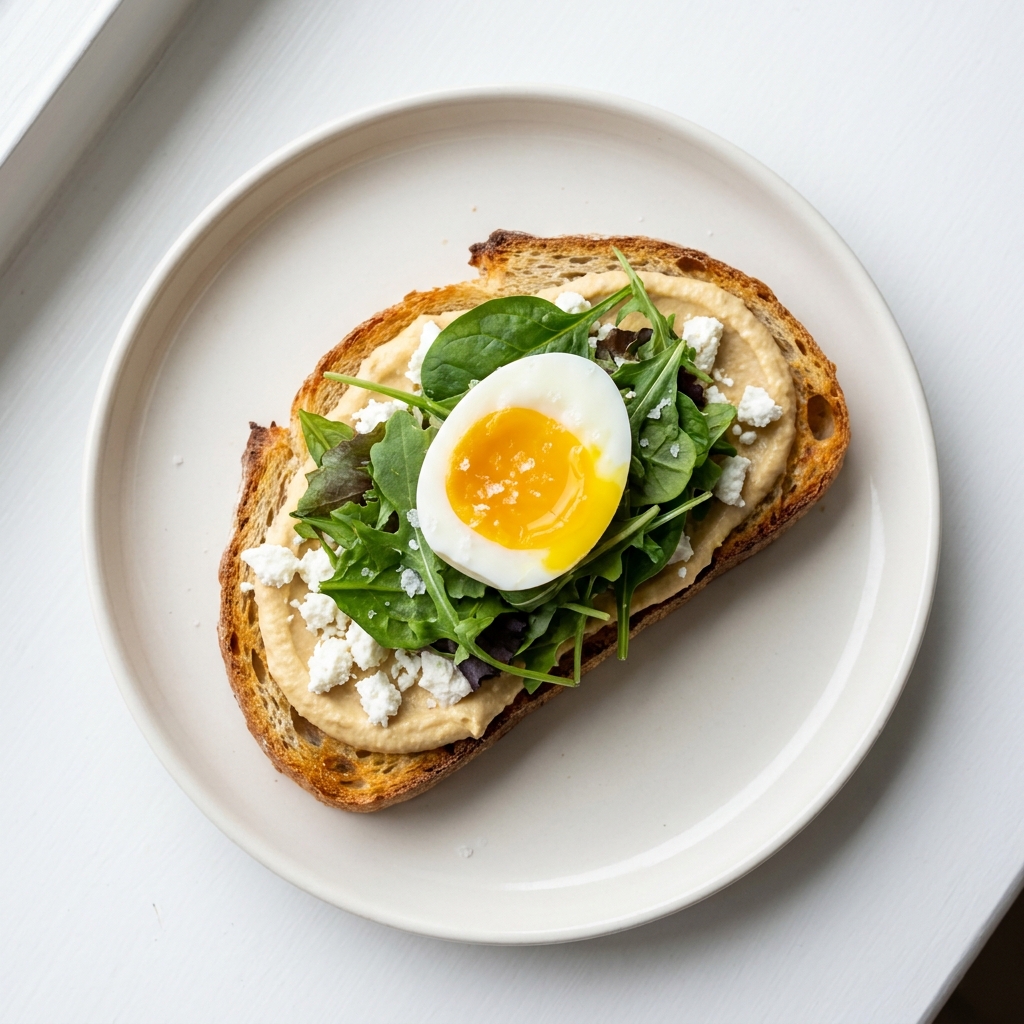 Mediterranean Egg and Hummus Open-Faced Toast, prepared as a finished Lila recipe