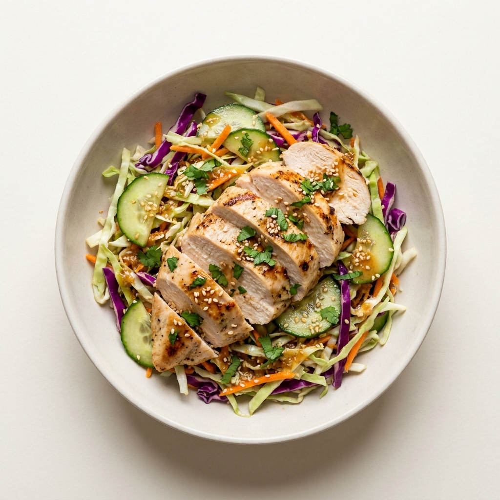 Ginger Chicken and Sesame Cabbage Slaw, prepared as a finished Lila recipe