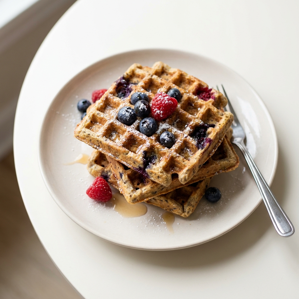 Freezer Friendly Berry Protein Waffles, prepared as a finished Lila recipe