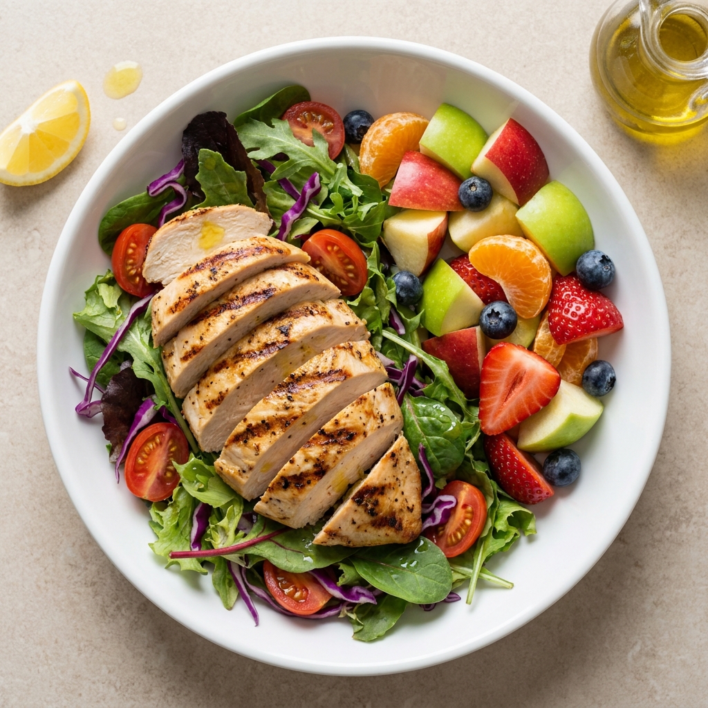 Grilled Chicken Filet With Salad And Fruit, prepared as a finished Lila recipe