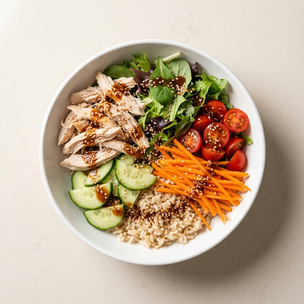 Cold Sesame Ginger Chicken Poke Bowl, prepared as a finished Lila recipe