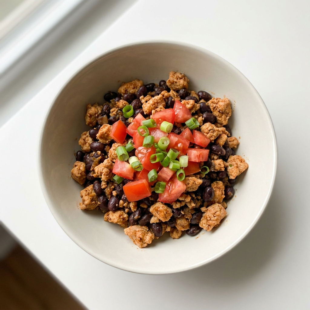 Microwave Black Bean and Turkey Taco Bowl, prepared as a finished Lila recipe