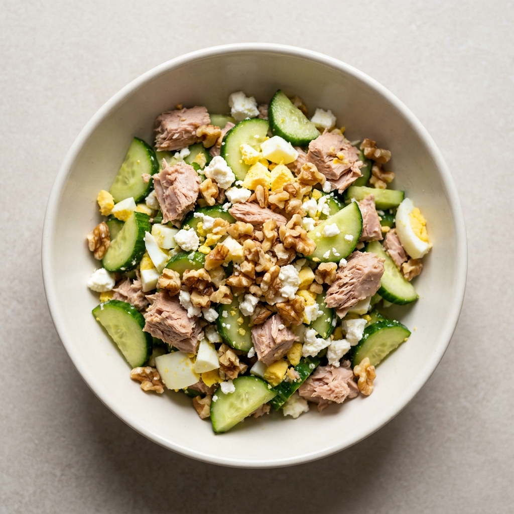 Mediterranean Tuna and Cucumber Crunch Salad, prepared as a finished Lila recipe