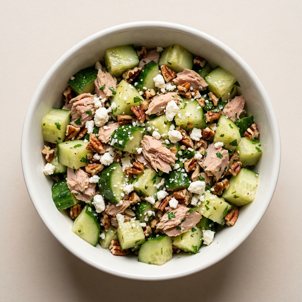 Mediterranean Tuna and Pecan Cucumber Salad, prepared as a finished Lila recipe