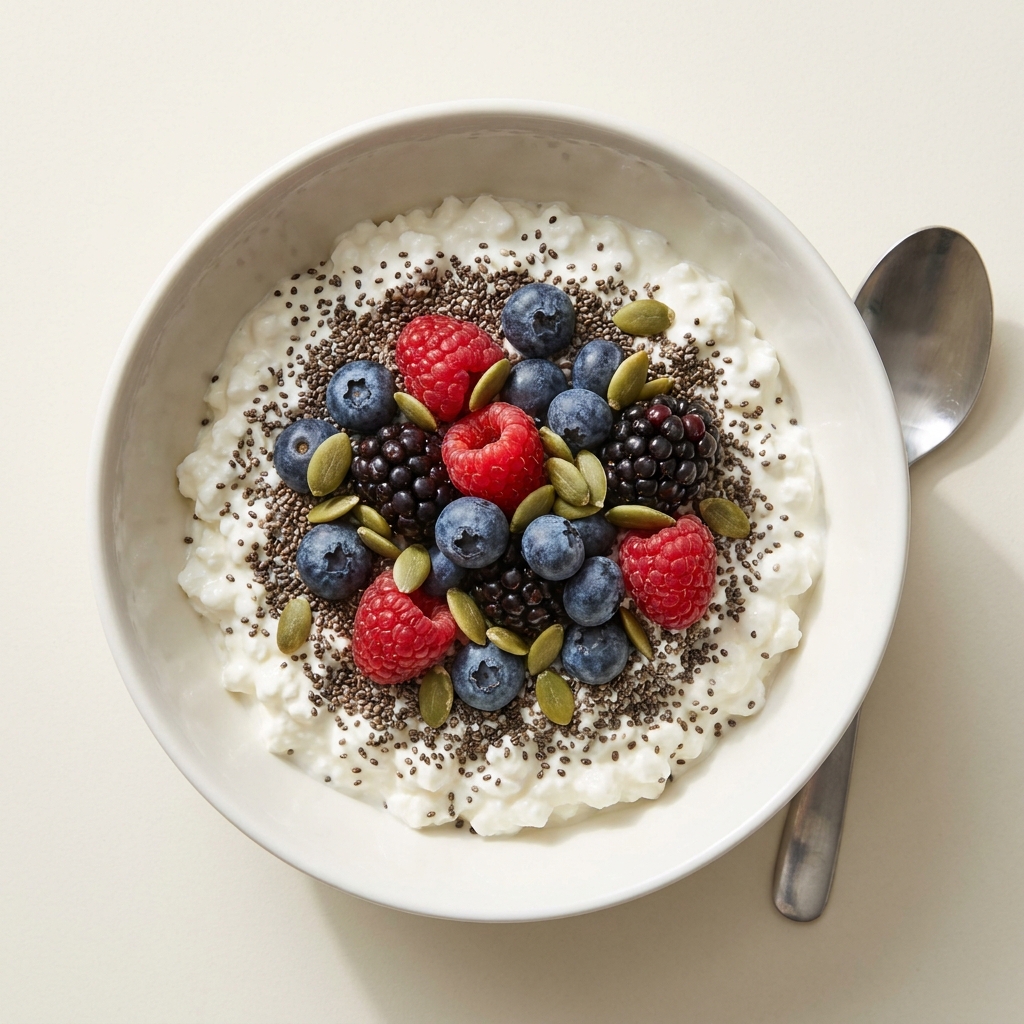 Triple Berry Chia Cottage Cheese Bowl, prepared as a finished Lila recipe