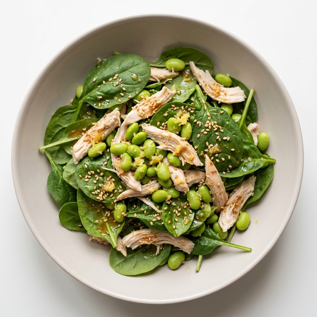 Warm Chicken and Edamame Bowl, prepared as a finished Lila recipe