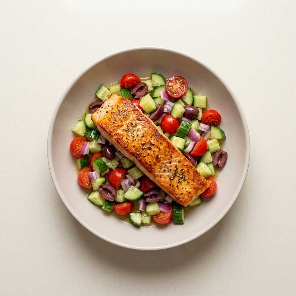 Warm Salmon and Chopped Vegetable Salad, prepared as a finished Lila recipe