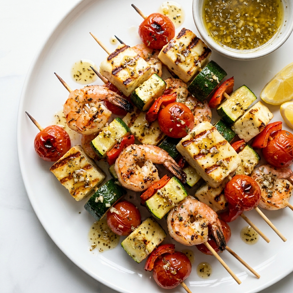 Mediterranean Grilled Shrimp And Halloumi Skewers, prepared as a finished Lila recipe