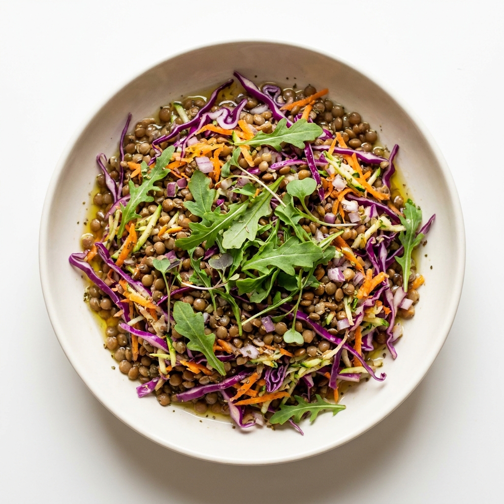 Herbed Brown Lentil and Shaved Cabbage Salad, prepared as a finished Lila recipe