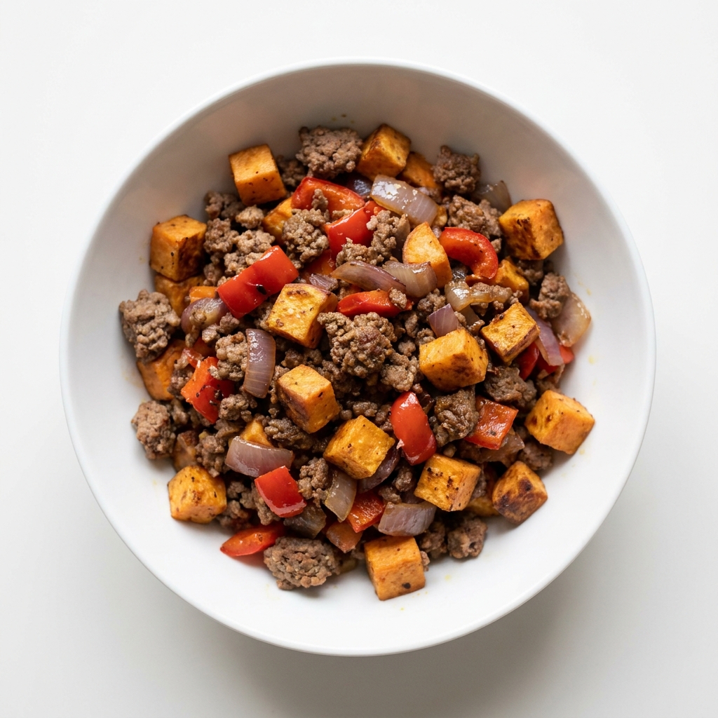 High Protein Sweet Potato and Beef Hash, prepared as a finished Lila recipe