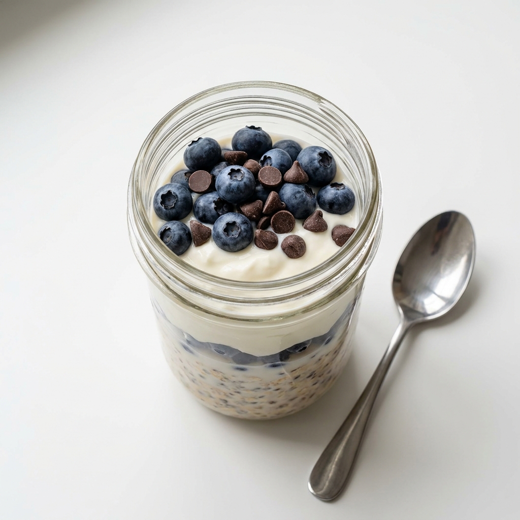 Vanilla Blueberry Dark Chocolate Overnight Oats, prepared as a finished Lila recipe