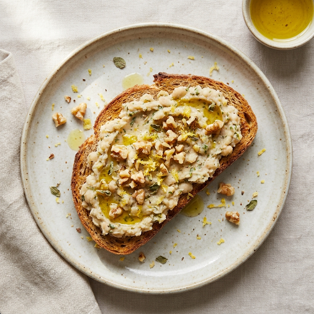 Rustic Herbed White Beans on Toast, prepared as a finished Lila recipe