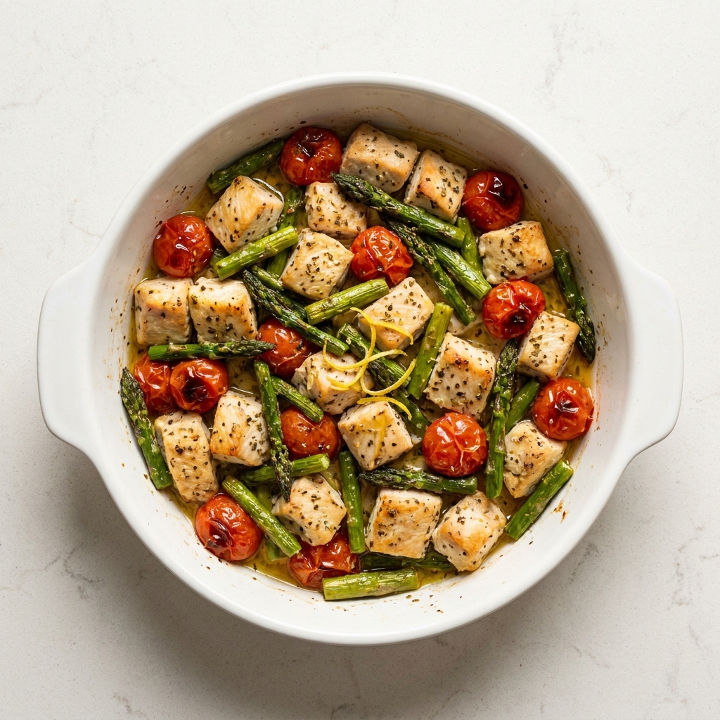 One-Pan Greek Lemon Chicken and Asparagus, prepared as a finished Lila recipe