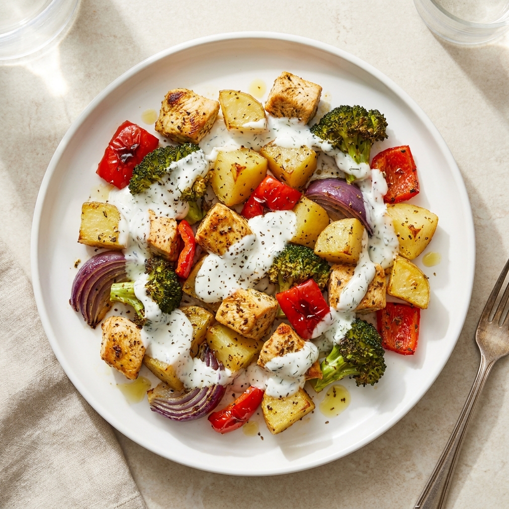 Spiced Chicken And Potato Traybake With Yogurt Sauce, prepared as a finished Lila recipe