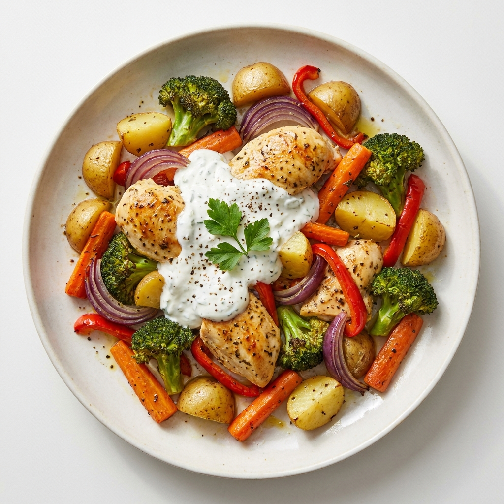 One-Pan Roasted Chicken and Cozy Veggie Traybake, prepared as a finished Lila recipe