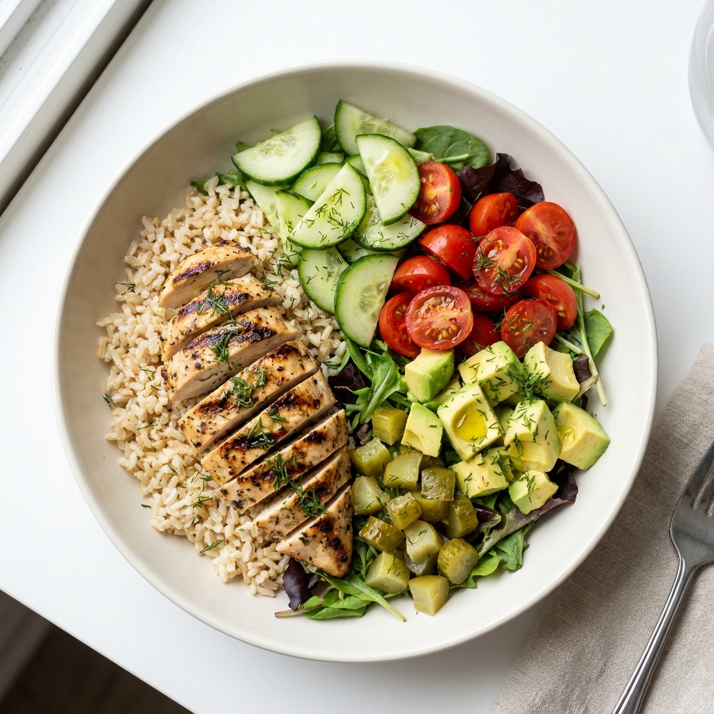 Grilled Chicken and Brown Rice Bowl, prepared as a finished Lila recipe