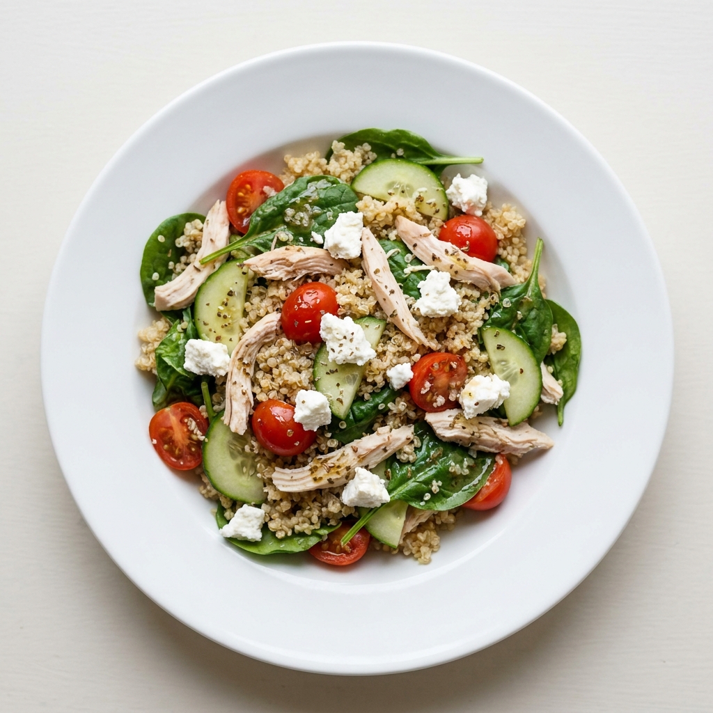 Warm Quinoa and Goat Cheese Salad with Chicken, prepared as a finished Lila recipe