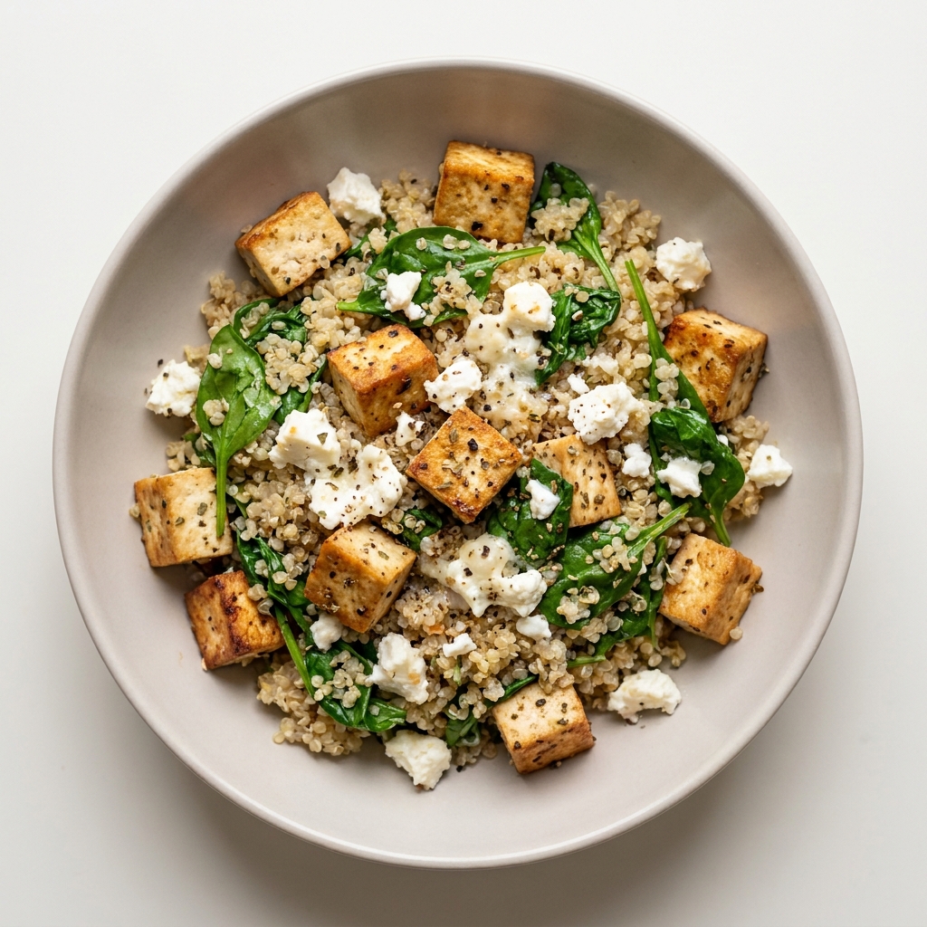 Warm Feta Tofu and Quinoa Skillet, prepared as a finished Lila recipe