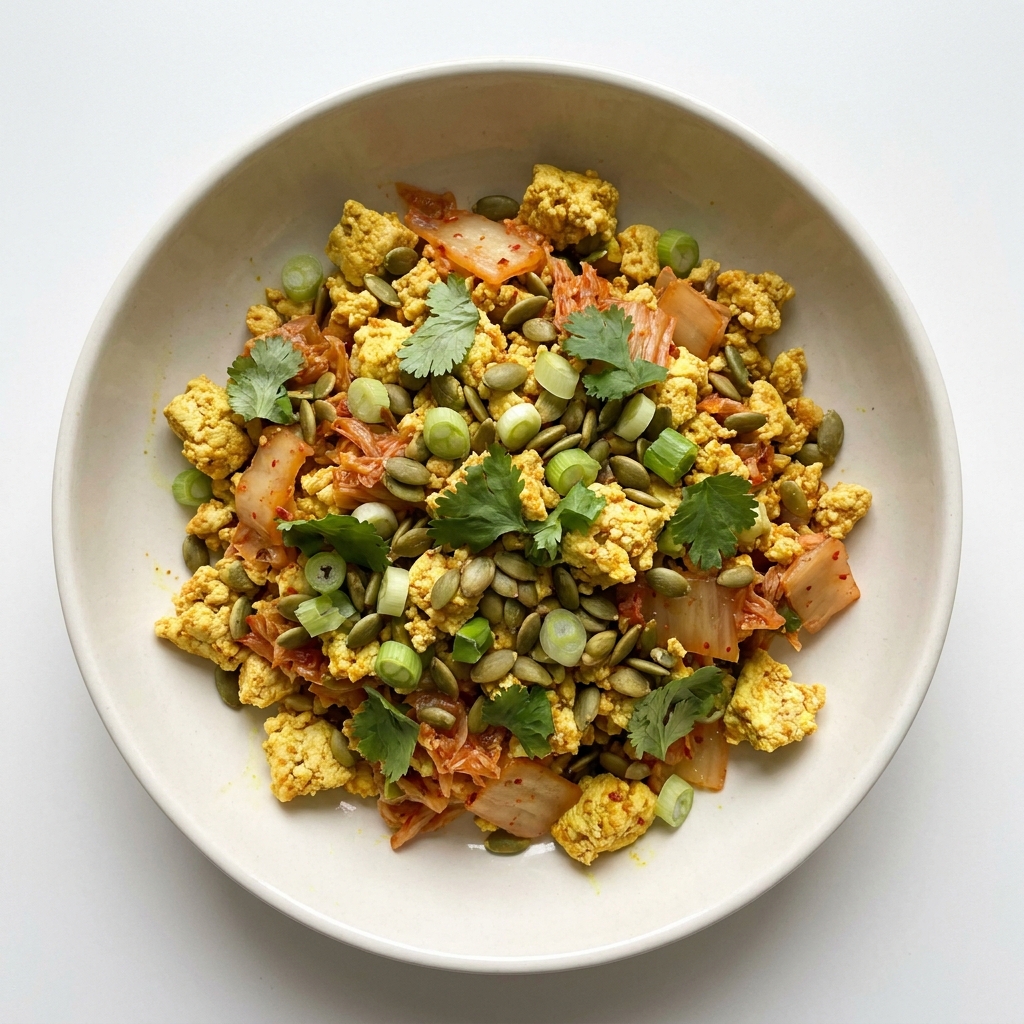 Savory Kimchi Tofu Scramble with Seeds, prepared as a finished Lila recipe