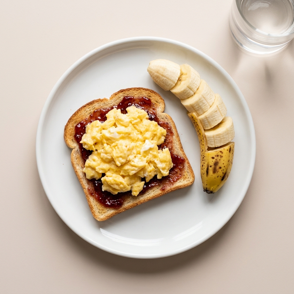 Simple Egg and Jam Toast with Banana, prepared as a finished Lila recipe