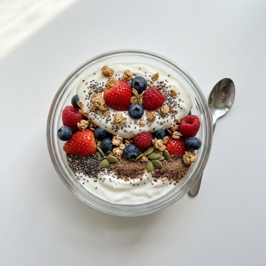 Berries And Seed Protein Parfait, prepared as a finished Lila recipe