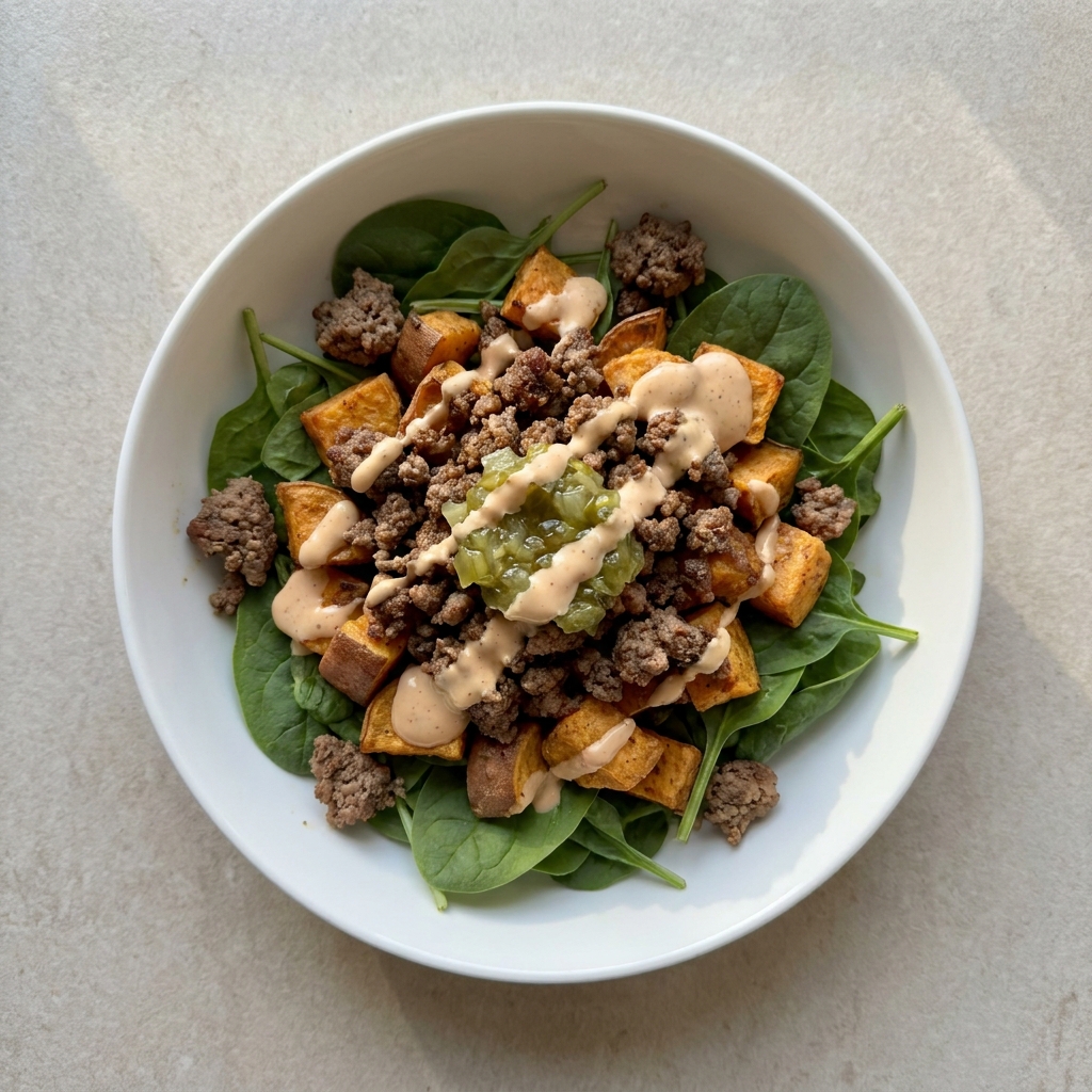 GLP-1 Friendly Lean Beef Burger Bowl, prepared as a finished Lila recipe
