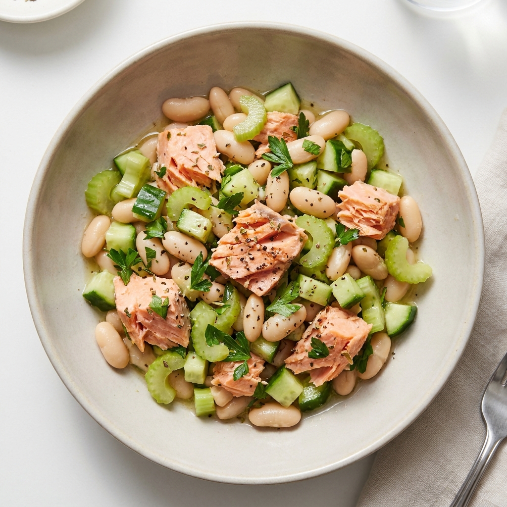 Chilled Salmon and White Bean Salad, prepared as a finished Lila recipe