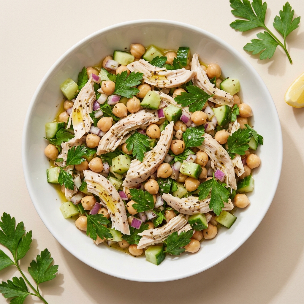 Herby Chickpea and Shredded Chicken Salad, prepared as a finished Lila recipe