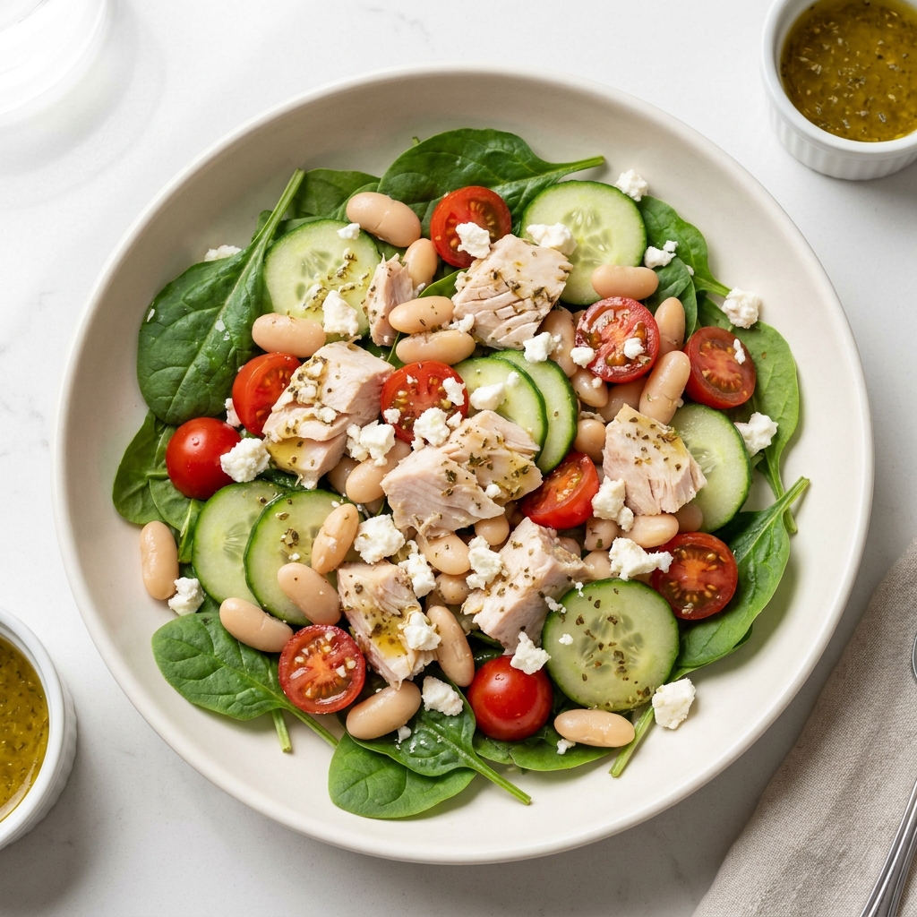 Lemon Herb Tuna and White Bean Salad, prepared as a finished Lila recipe