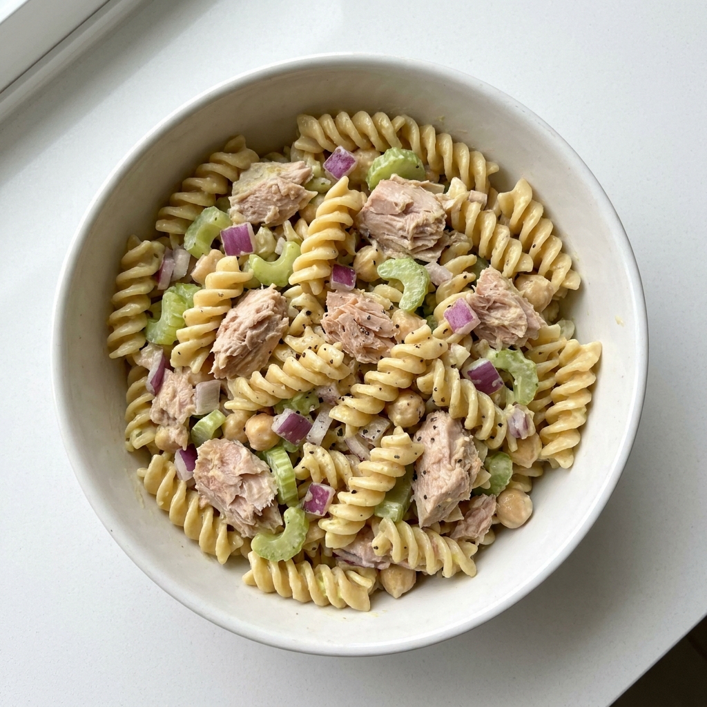 High Protein Tuna and Chickpea Pasta Salad, prepared as a finished Lila recipe