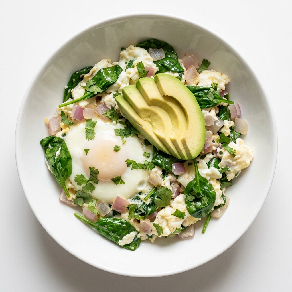 Mediterranean Spinach and Egg White Scramble, prepared as a finished Lila recipe