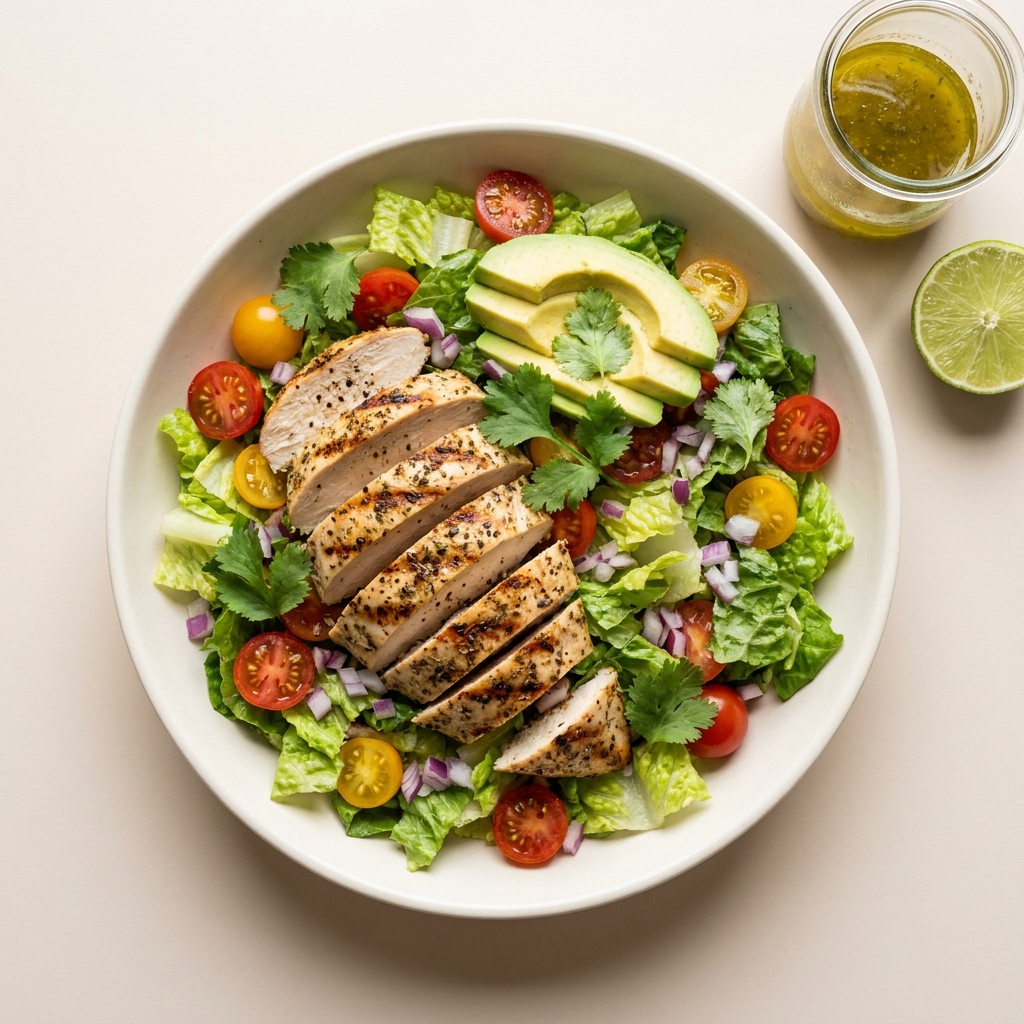 Zesty Grilled Chicken and Avocado Salad, prepared as a finished Lila recipe