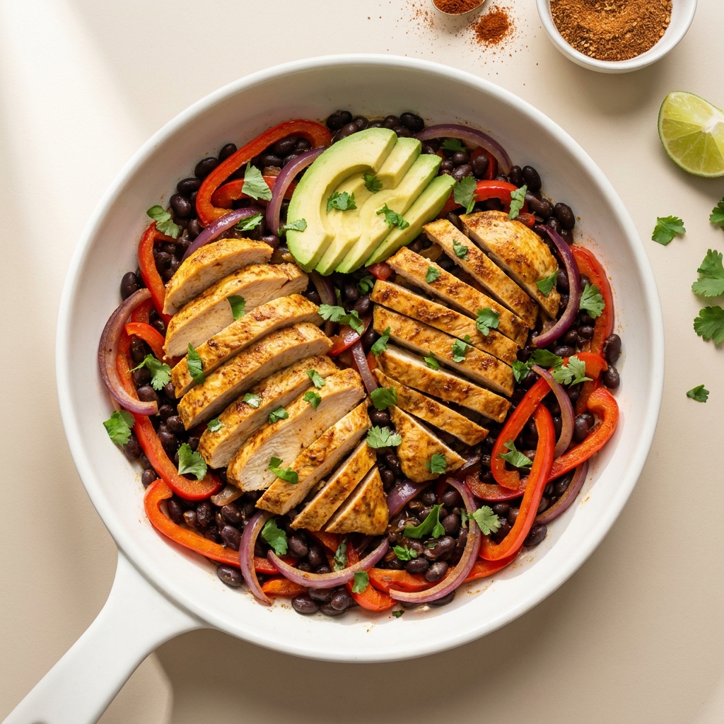 Mexican Spiced Chicken and Black Bean skillet, prepared as a finished Lila recipe