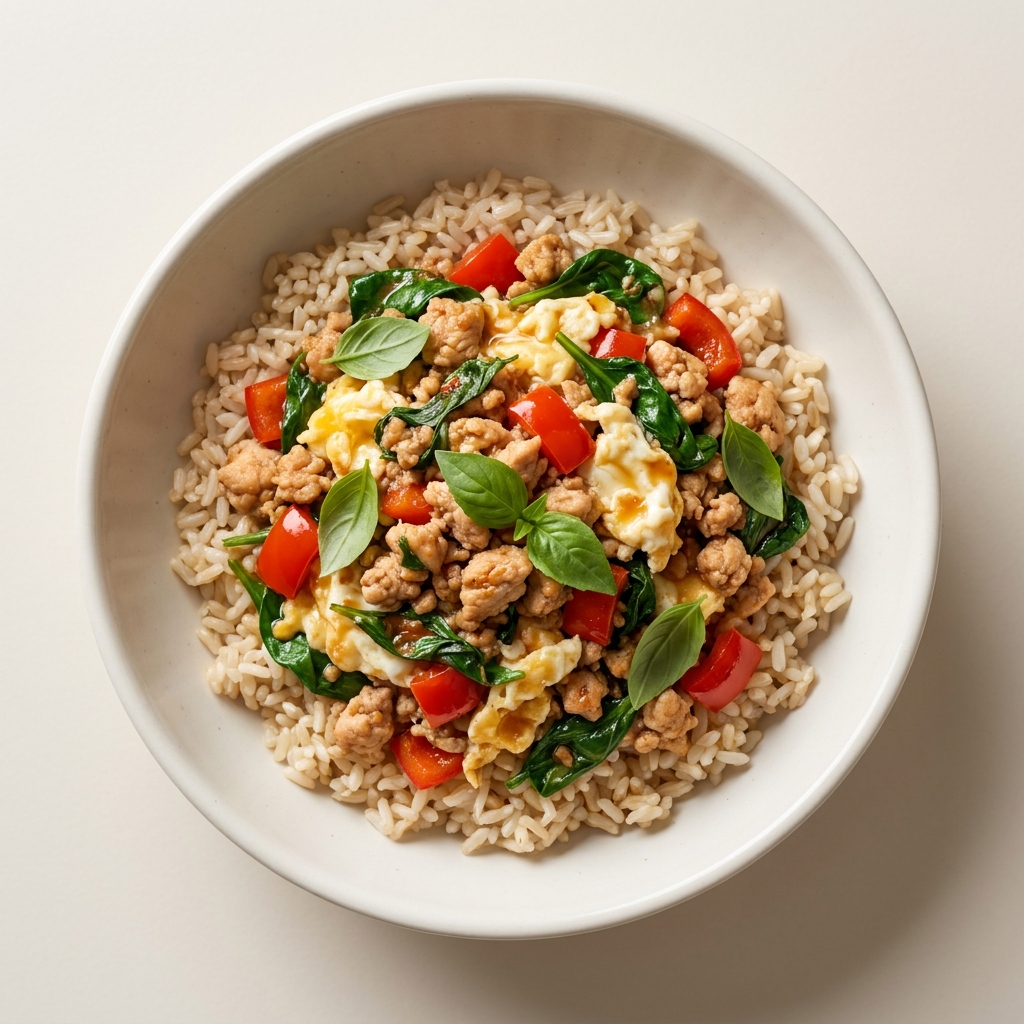 Quick Thai Basil Chicken Breakfast Bowl, prepared as a finished Lila recipe