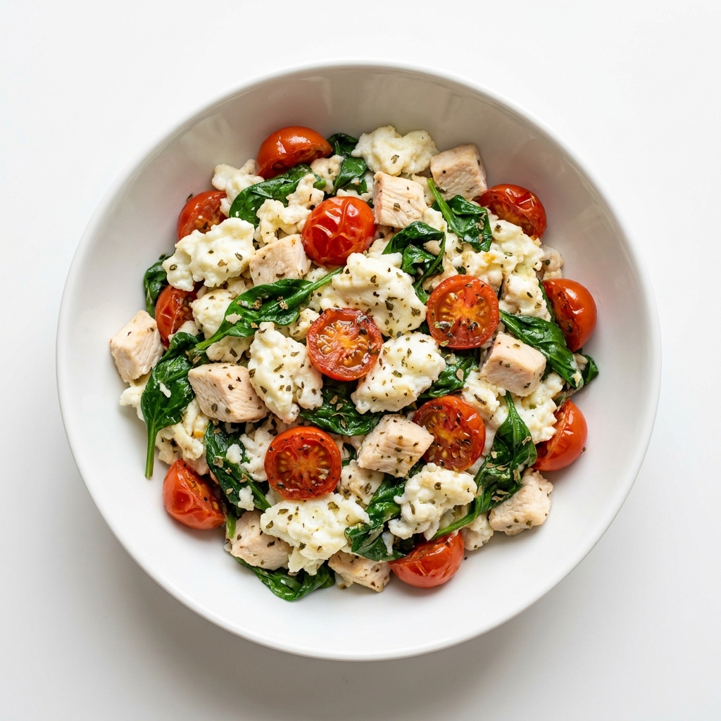 Mediterranean Spinach and Egg White Scramble, prepared as a finished Lila recipe