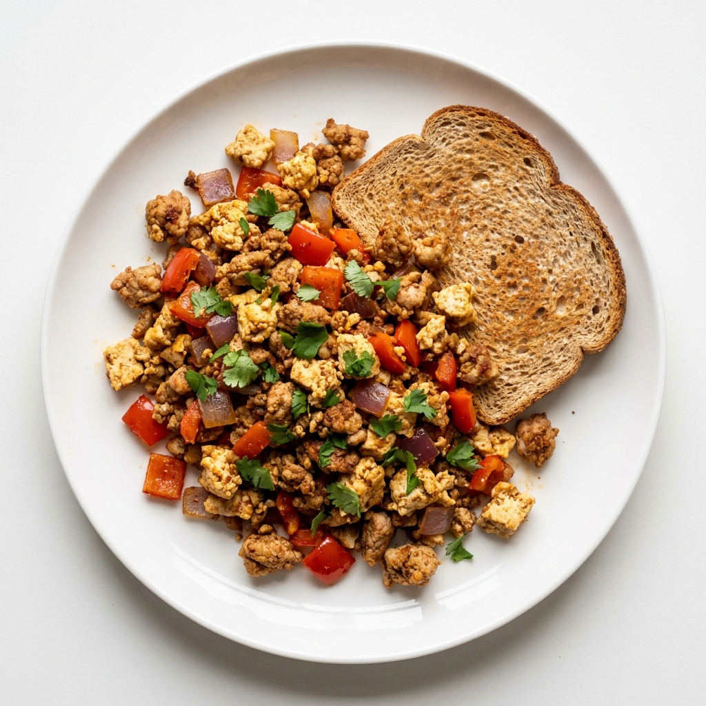 Mexican-Spiced Tofu and Ground Chicken Scramble, prepared as a finished Lila recipe