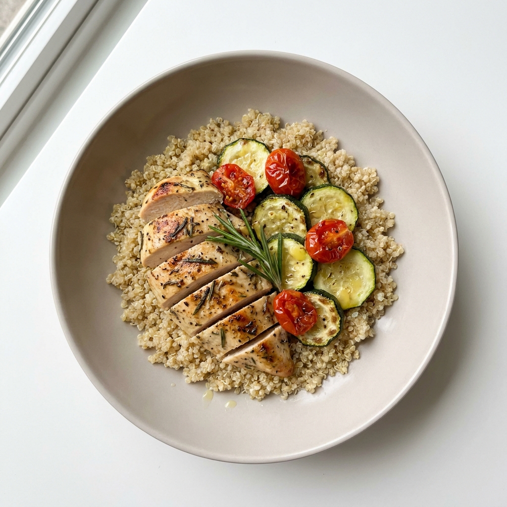 Italian Rosemary Chicken with Zucchini and Quinoa, prepared as a finished Lila recipe